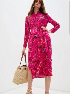 Ralph Lauren Pink Chain Print Long Sleeve Shirtdress